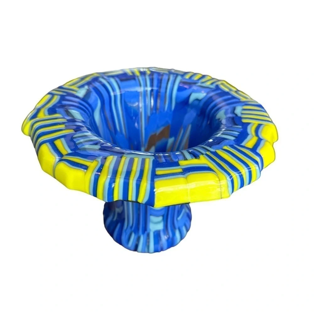 Gorgeous art glass vase vibrant blues & bright yellow color heavy duty glass